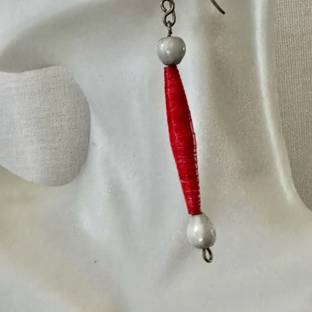 red and white paper and seed beaded earrings